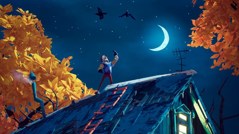 A character stands on a blue wooden roof under a crescent moon with golden autumn leaves framing the scene.