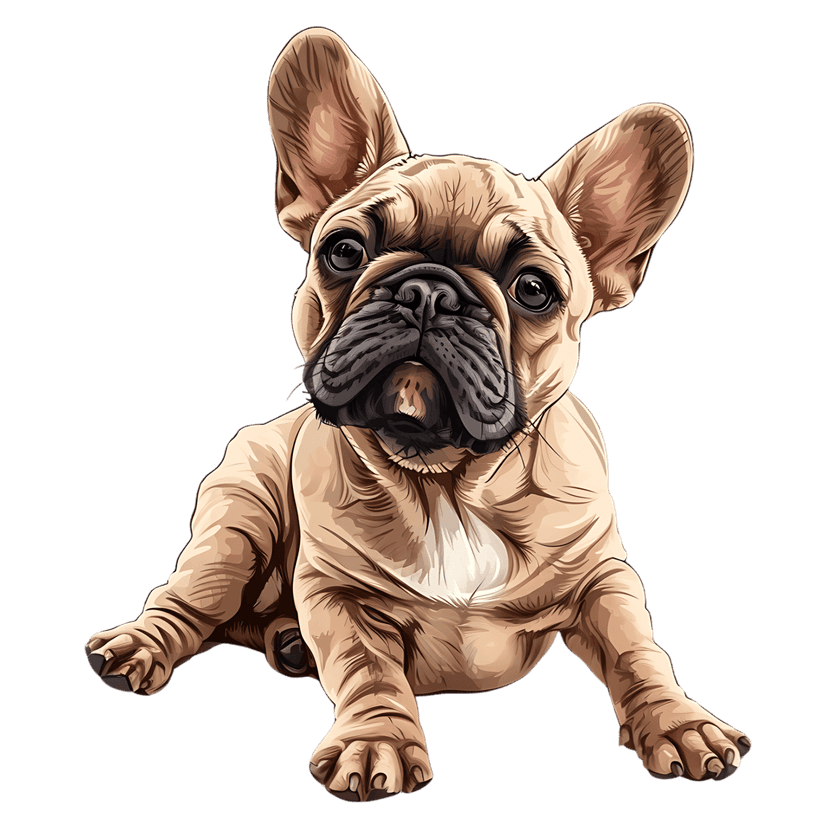 French Bulldog puppy illustration featuring large ears, tan fur, wrinkled snout, and splayed legs on transparency.