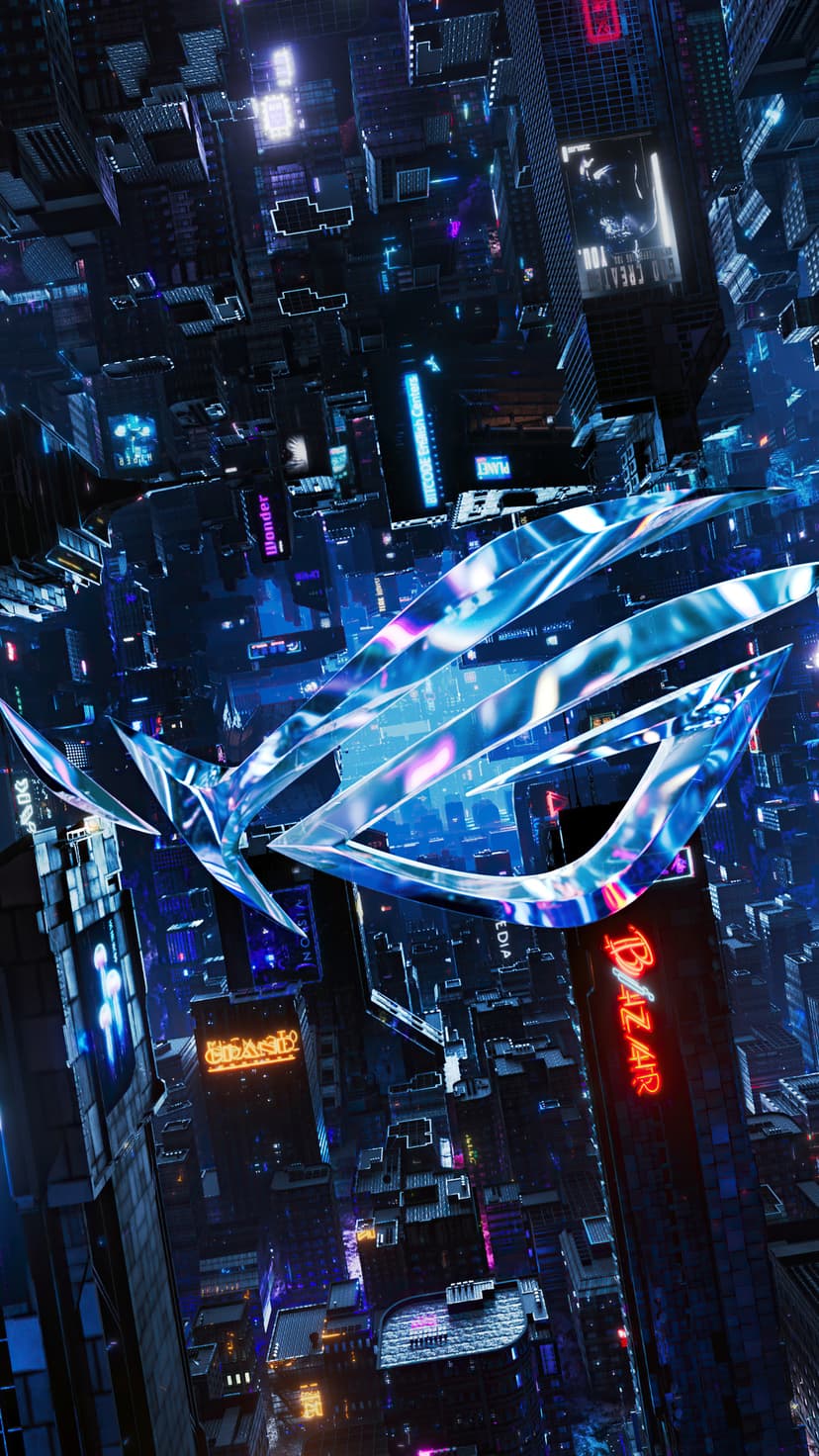 Metallic ROG logo reflecting blue and purple light amidst a neon cityscape with glowing urban signage.