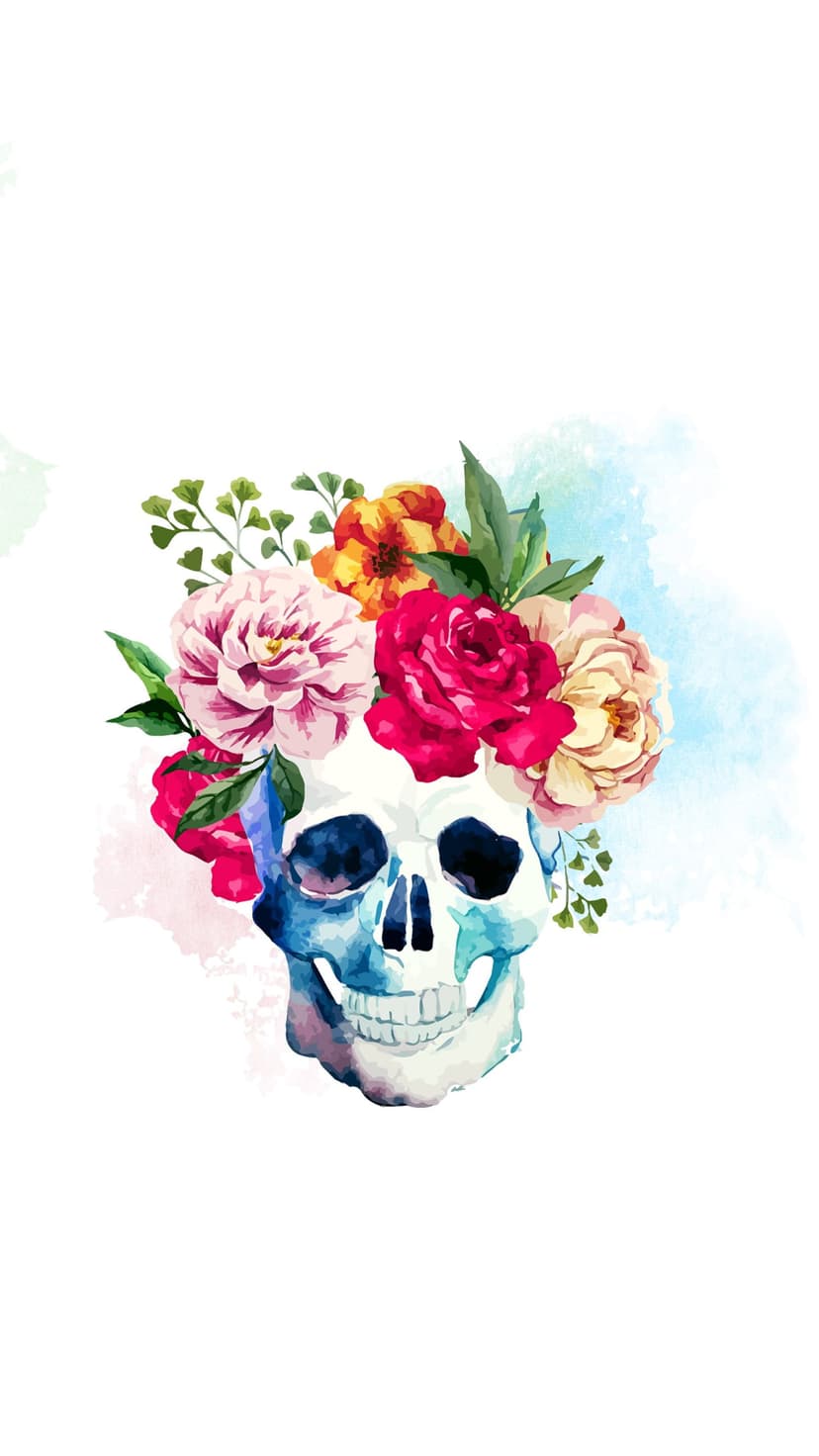 Blue-toned human skull crowned with a dense bouquet of pink peonies and red roses against a white background.