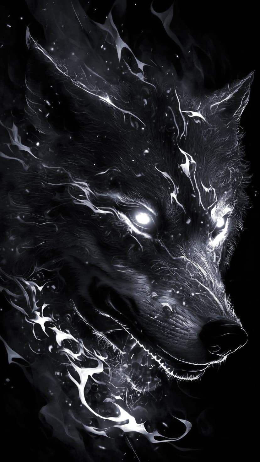 Black wolf head with glowing white eyes and ethereal smoke tendrils against a dark starry night background.