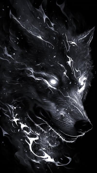 Mysterious Black Wolf with Glowing White Eyes