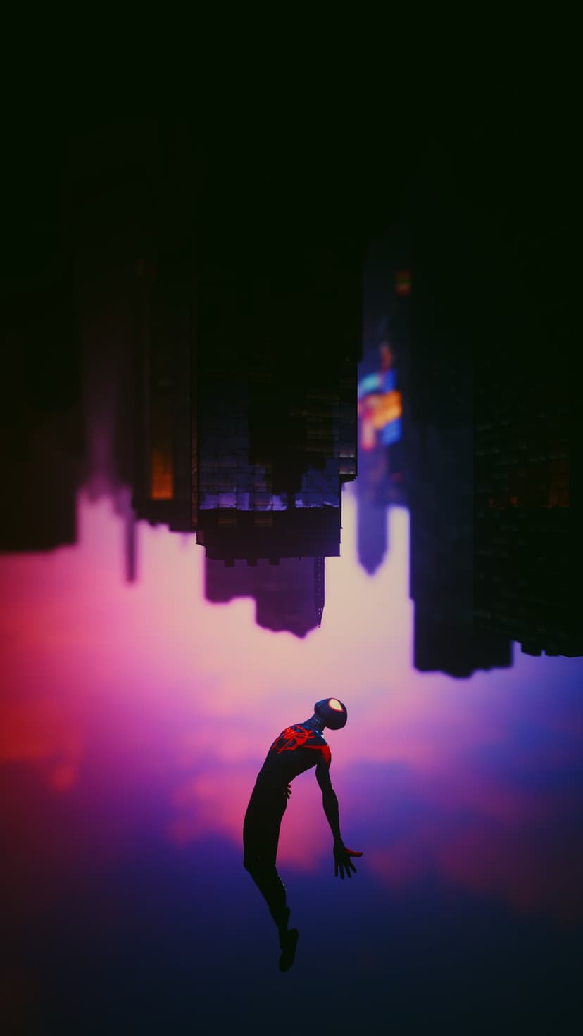 Miles Morales swings through an upside-down city during a glowing orange sunset with multidimensional glitches.
