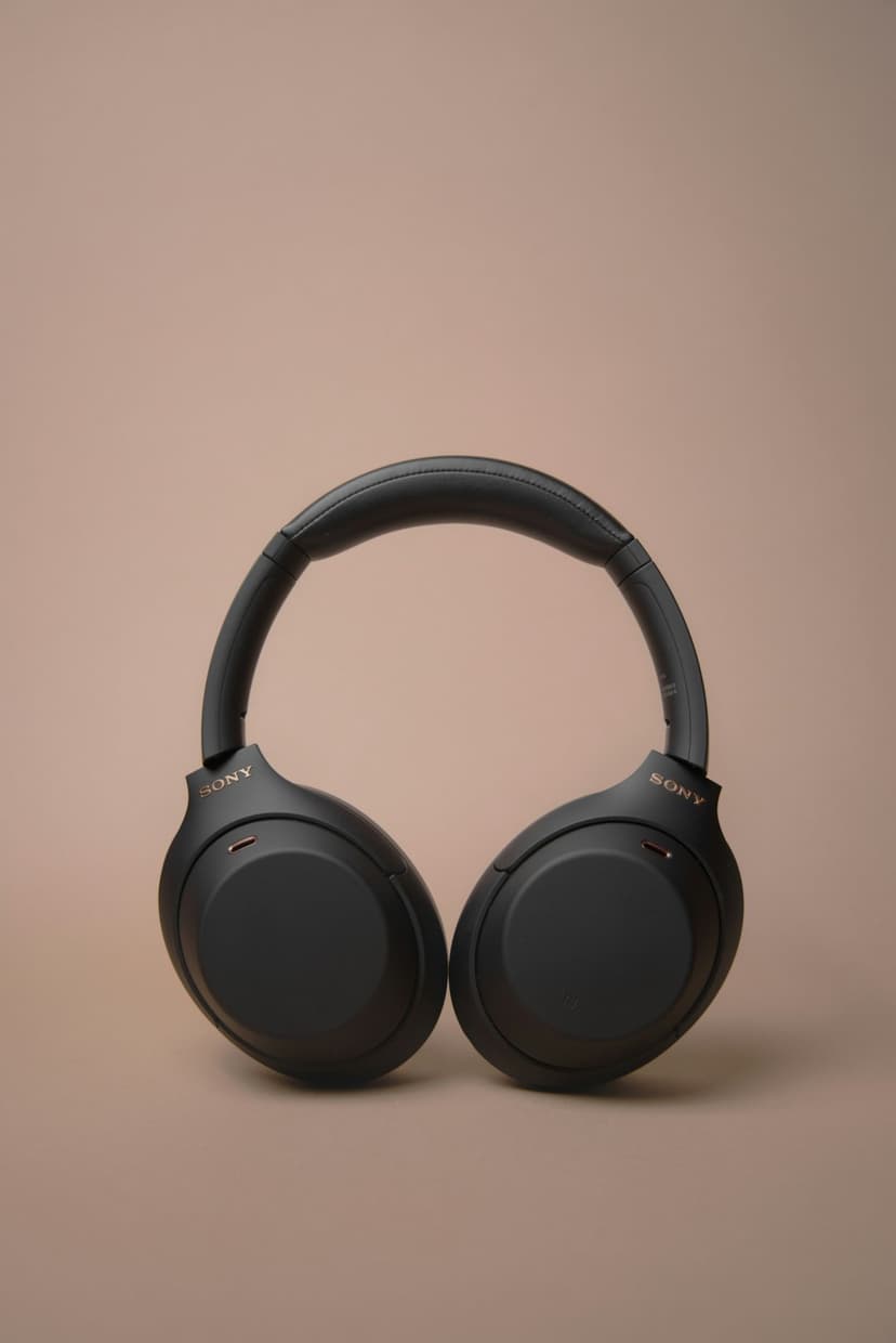 Sony WH-1000XM4 headphones with matte black ear cups and copper accents set against a soft bokeh background.
