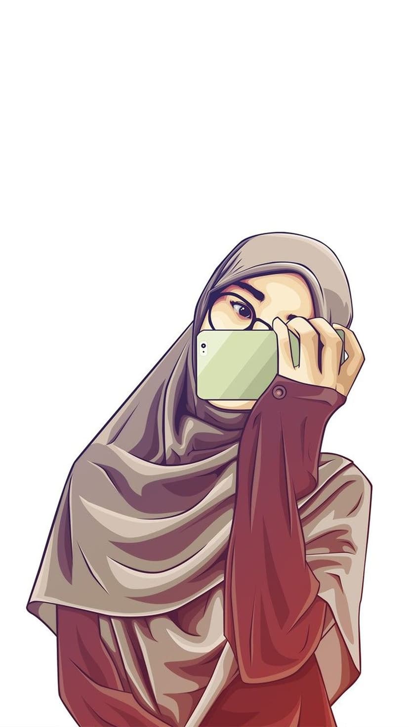 Young woman in a hijab and glasses holding a light green smartphone to take a selfie against a white background.