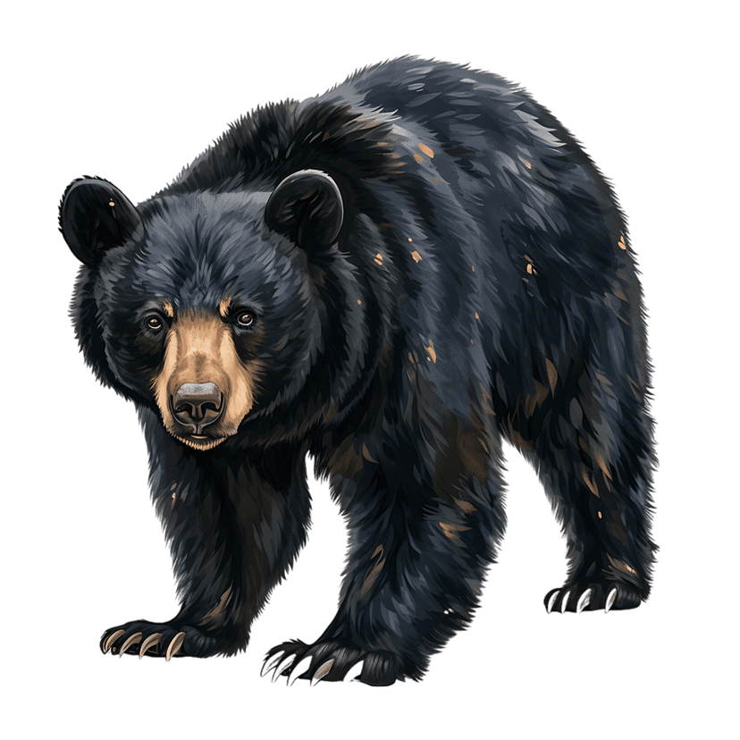 Black bear standing alertly with detailed dark fur, sharp claws, and amber eyes against a neutral background.