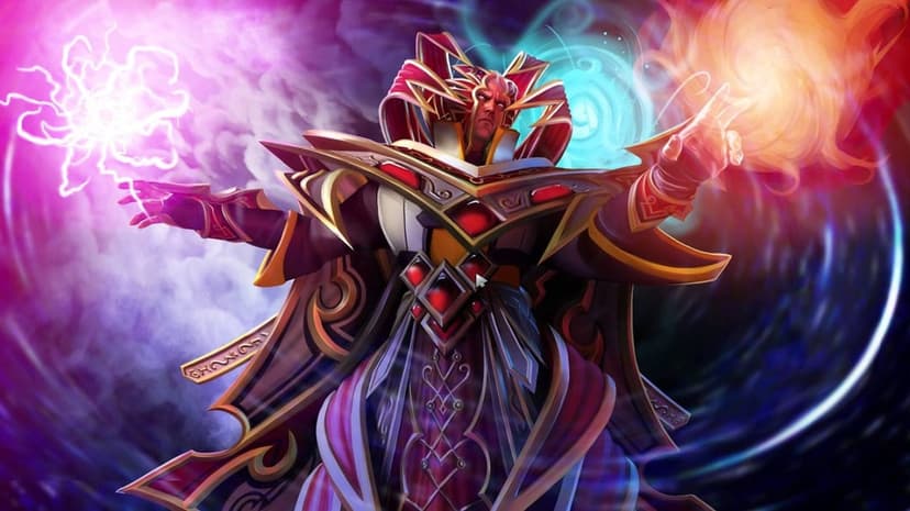 Powerful sorcerer in red armor channeling purple lightning, blue arcane swirls, and orange fire energy.