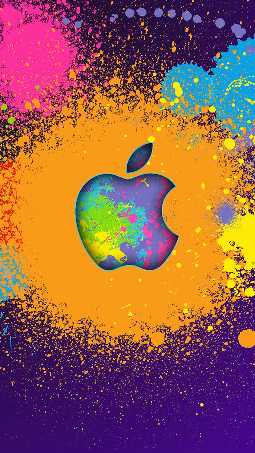 Apple logo silhouette filled with neon pink, green, and blue paint splatters against a dark purple background.