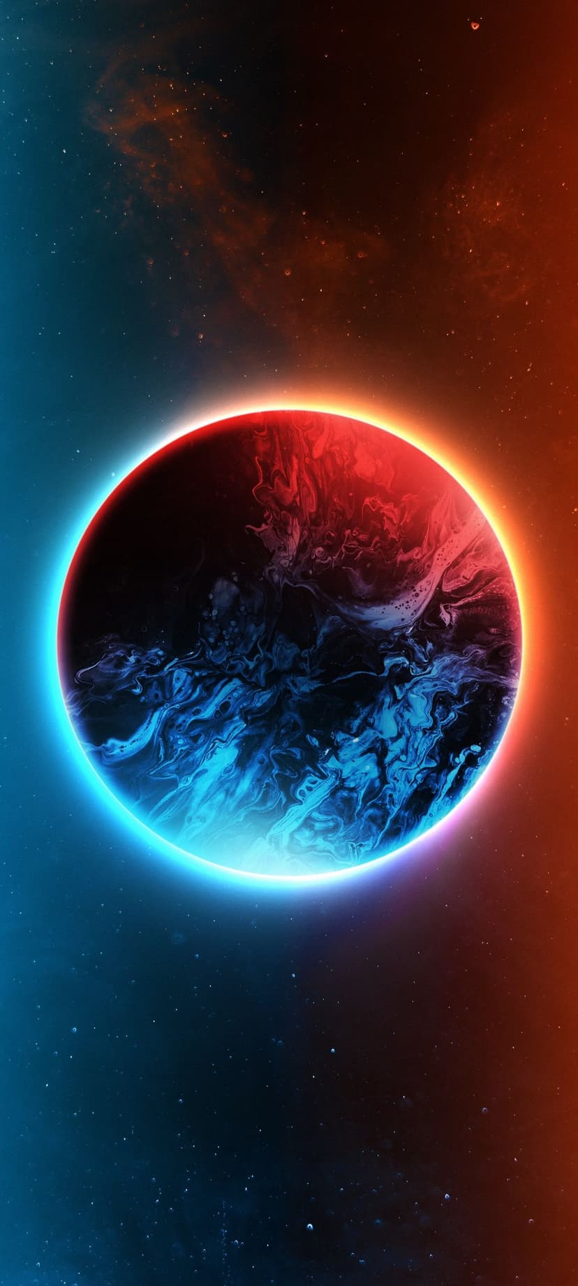 Radiant planet with a split red and blue surface floating amidst swirling orange and cyan cosmic nebula clouds.