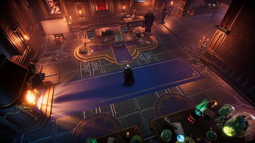 A vampire stands in a dark gothic study with a fireplace, ancient books, and glowing green alchemy jars.