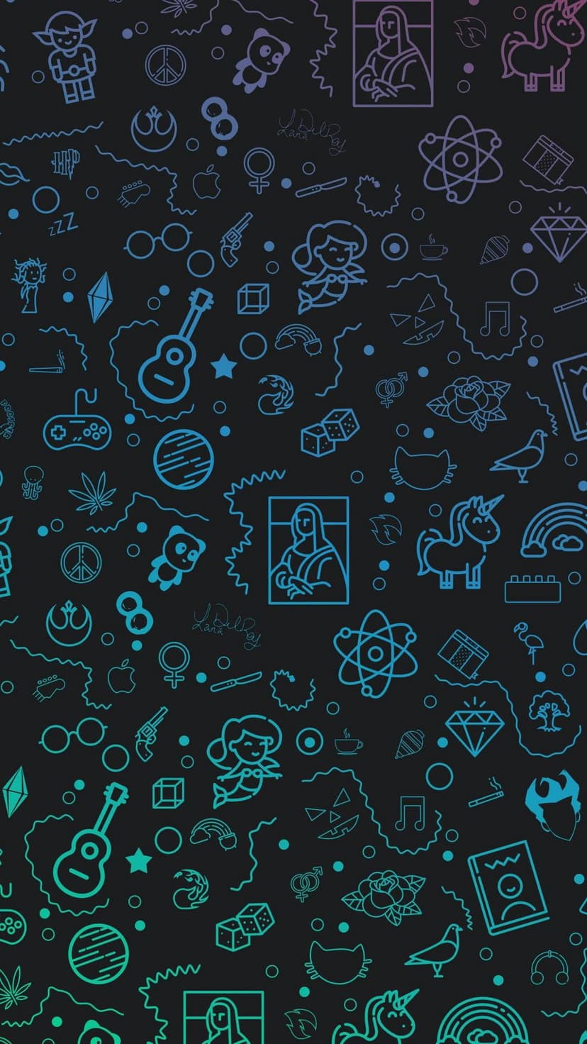 White outline icons including a panda, guitar, and mermaid float on a dark blue to purple gradient backdrop.