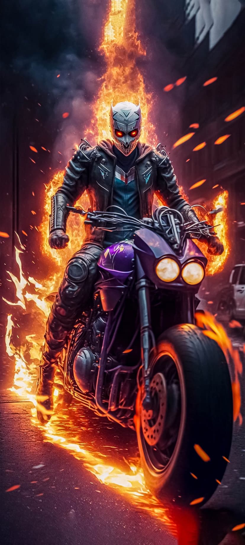 Skeletal Ghost Rider on a flaming motorcycle speeds through a smoky city street with bright orange sparks flying.