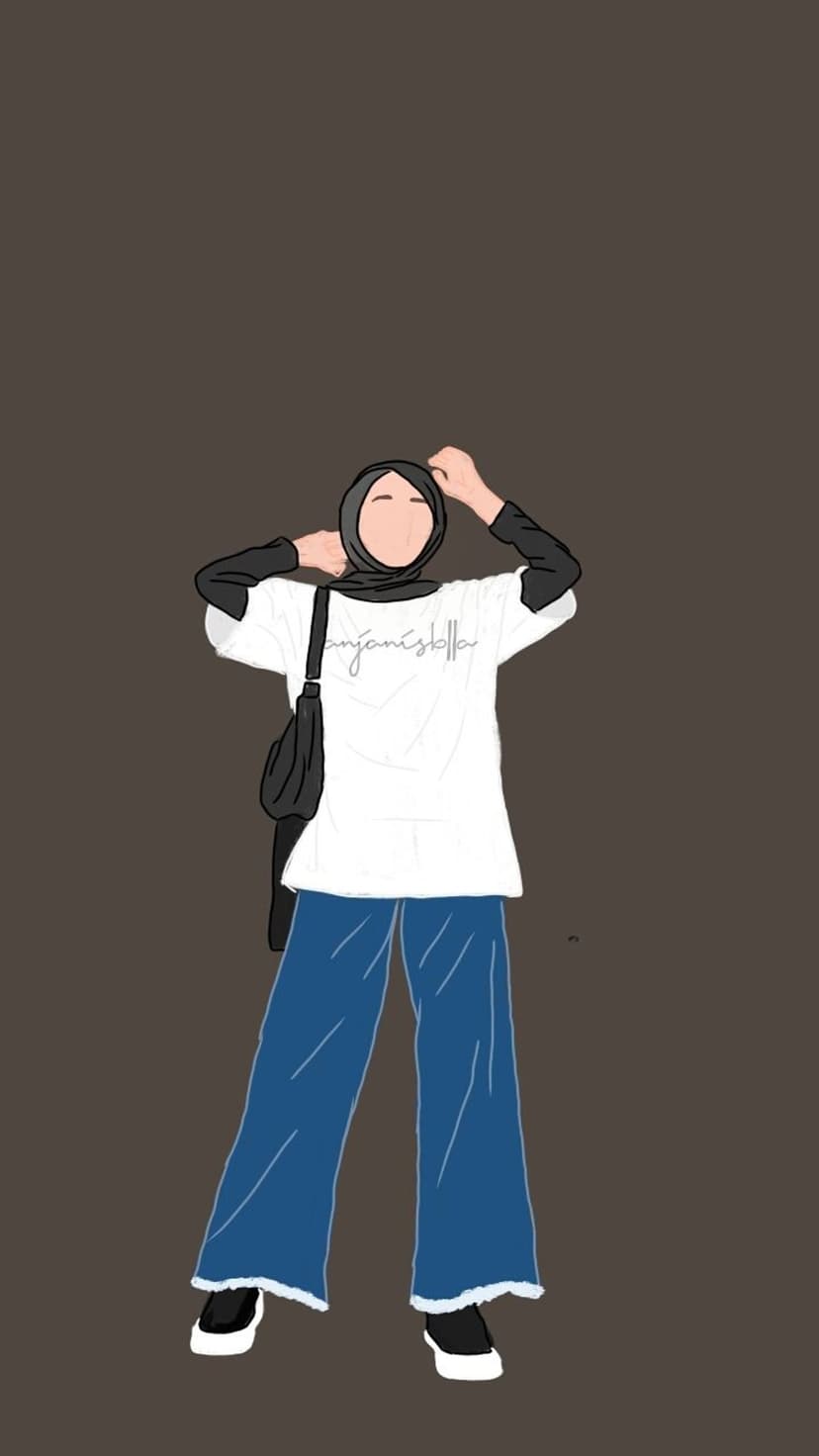 Hijabi woman wearing a white t-shirt and blue wide-leg jeans adjusts her headscarf against a dark brown background.