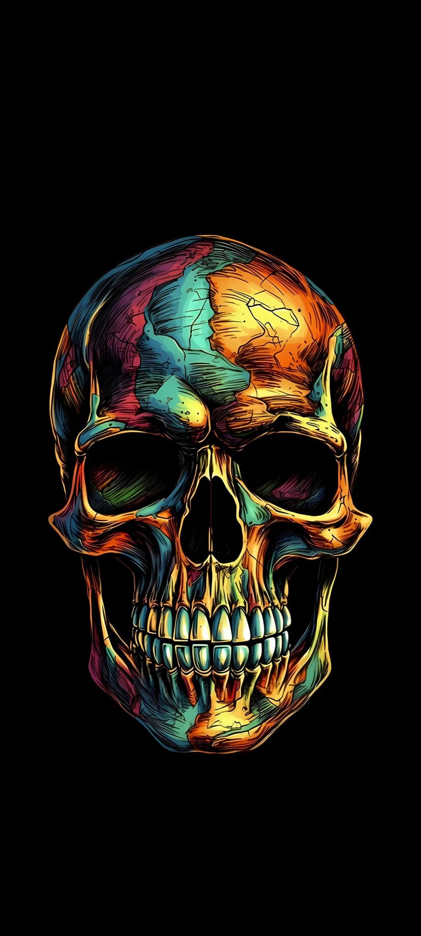 Human skull featuring a rainbow spectrum of neon colors and a crackled texture isolated on a solid black background.