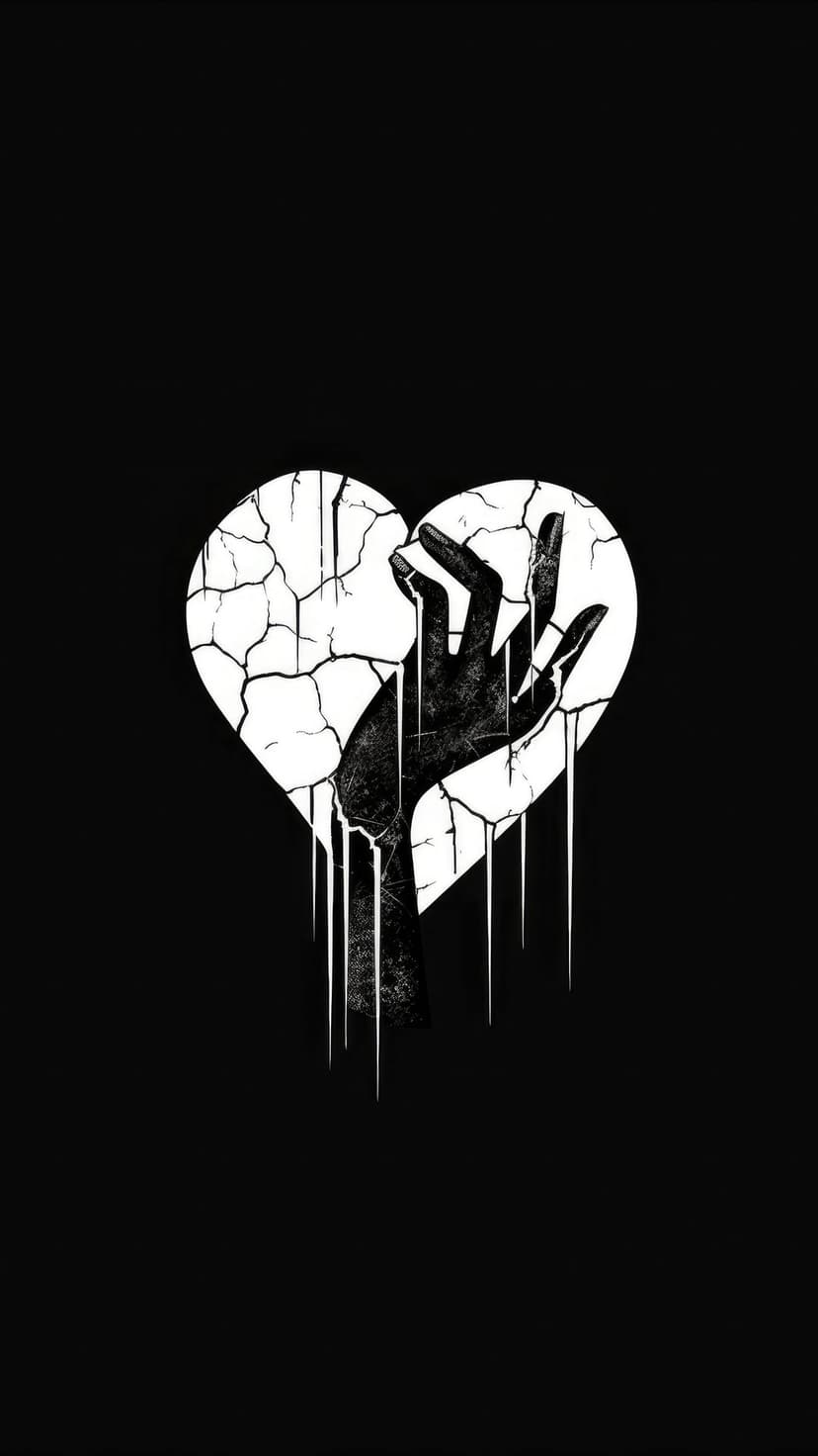 Skeletal hand reaches through a cracked, dripping heart against a dark background in monochrome art style.