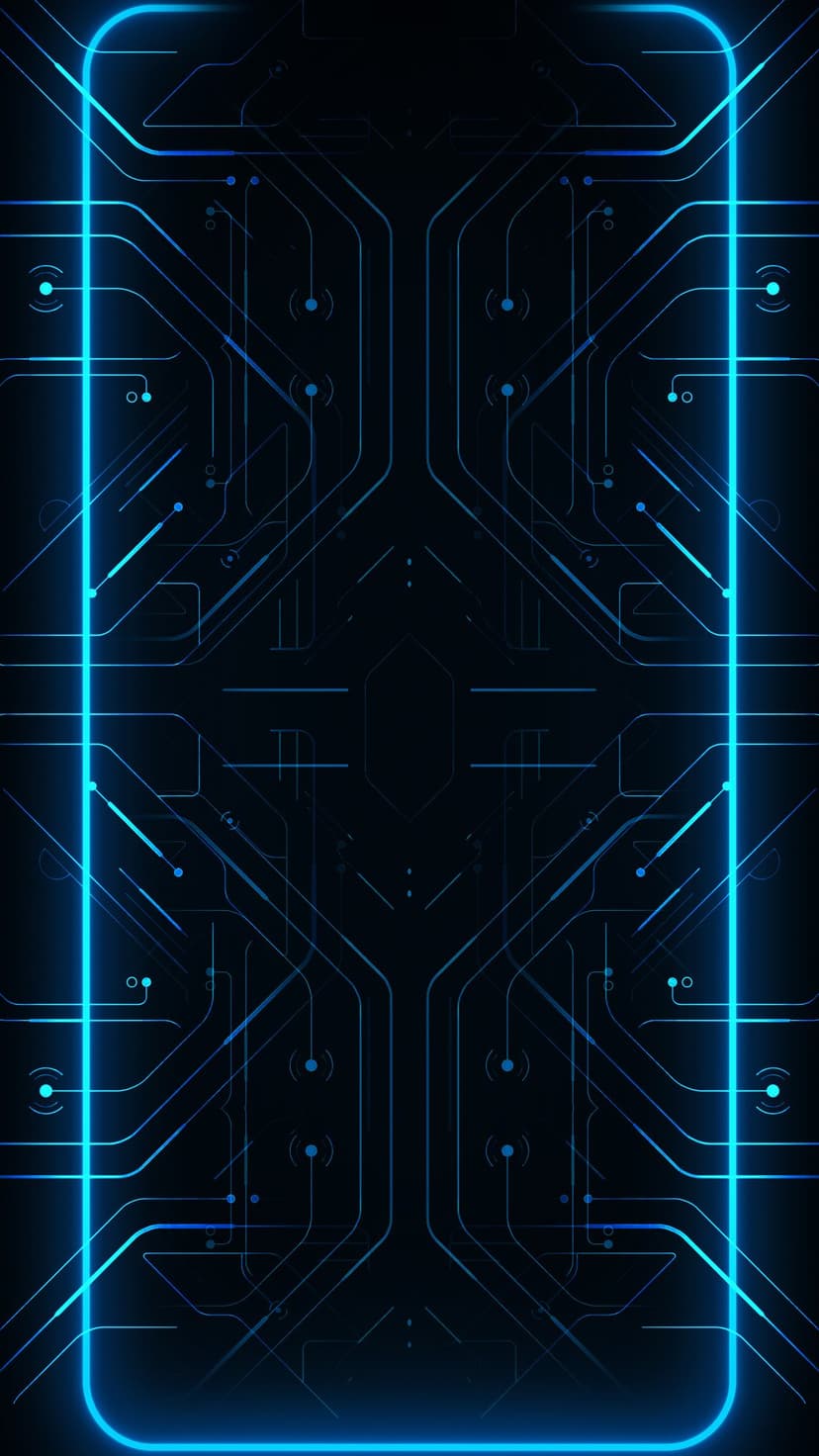 Blue neon circuit board lines and nodes forming a symmetrical pattern against a dark black background.