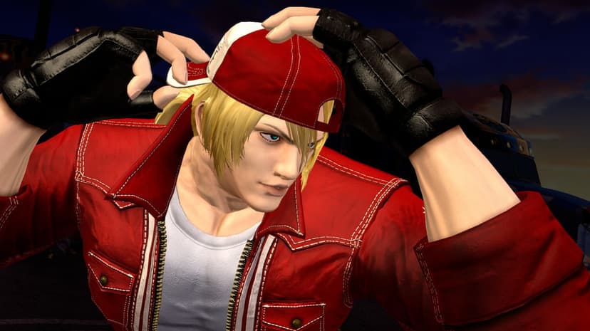 Terry Bogard adjusting his red and white cap, wearing a red vest and black fingerless gloves at night.