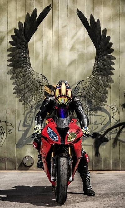 Ethereal Winged Biker Red Sportbike Mobile Background