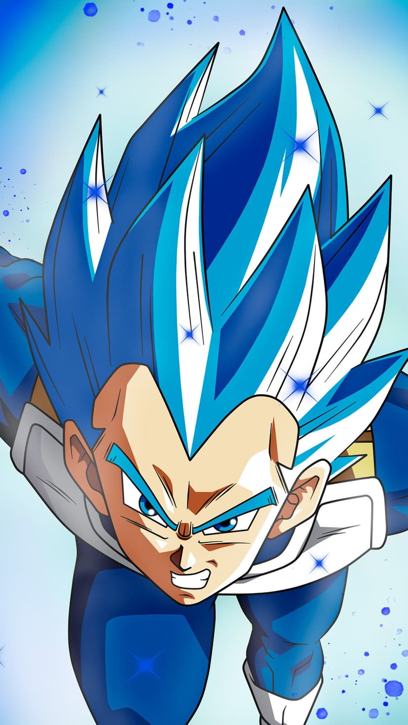 Vegeta in Super Saiyan Blue form with glowing teal hair, a fierce expression, and a sparkling sapphire aura.