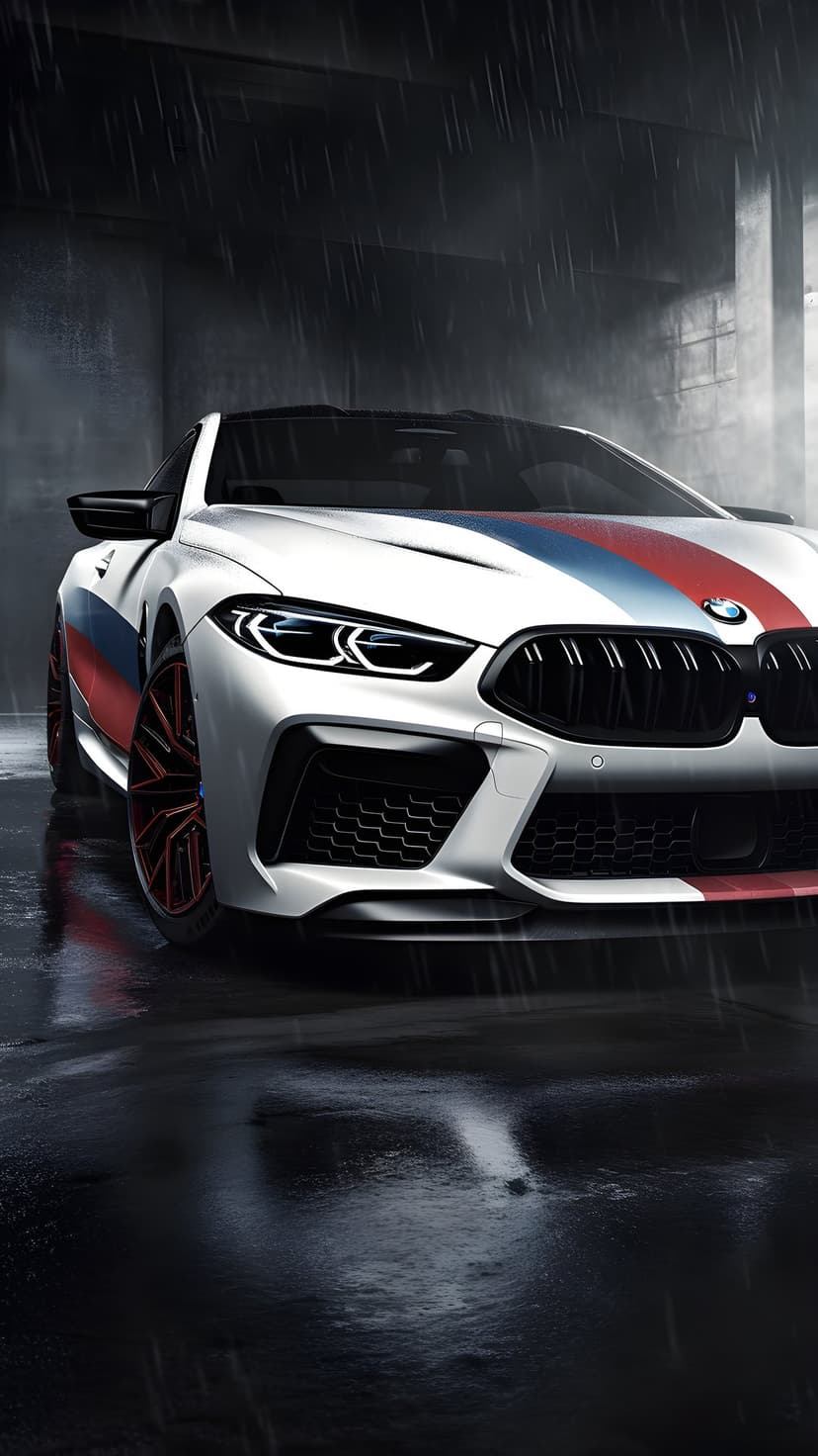 White BMW M8 Coupe with M Sport stripes parked on a wet asphalt street under falling rain in a city at night.