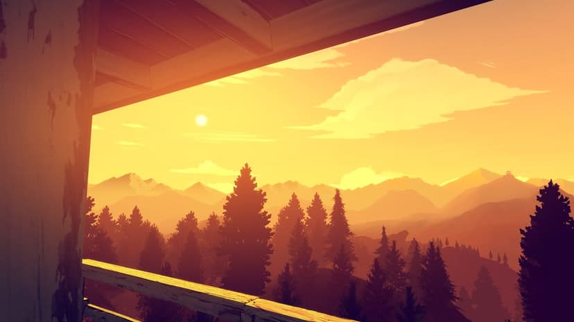 Sun setting over layered mountains and silhouetted pine trees viewed from a wooden balcony at golden hour.