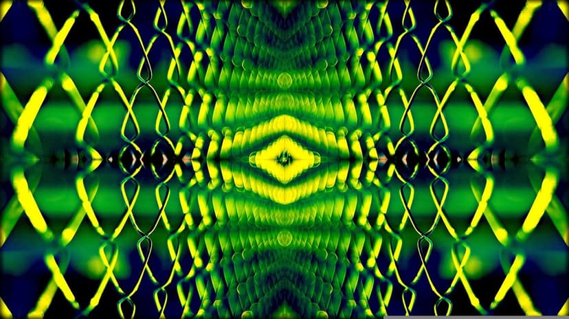 Interlocking lime green and yellow diamond shapes form a symmetrical geometric pattern with a sense of depth.