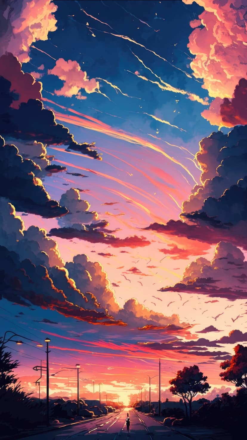 Vibrant orange and purple sunset sky above a dark road silhouette lined with trees and streetlights.