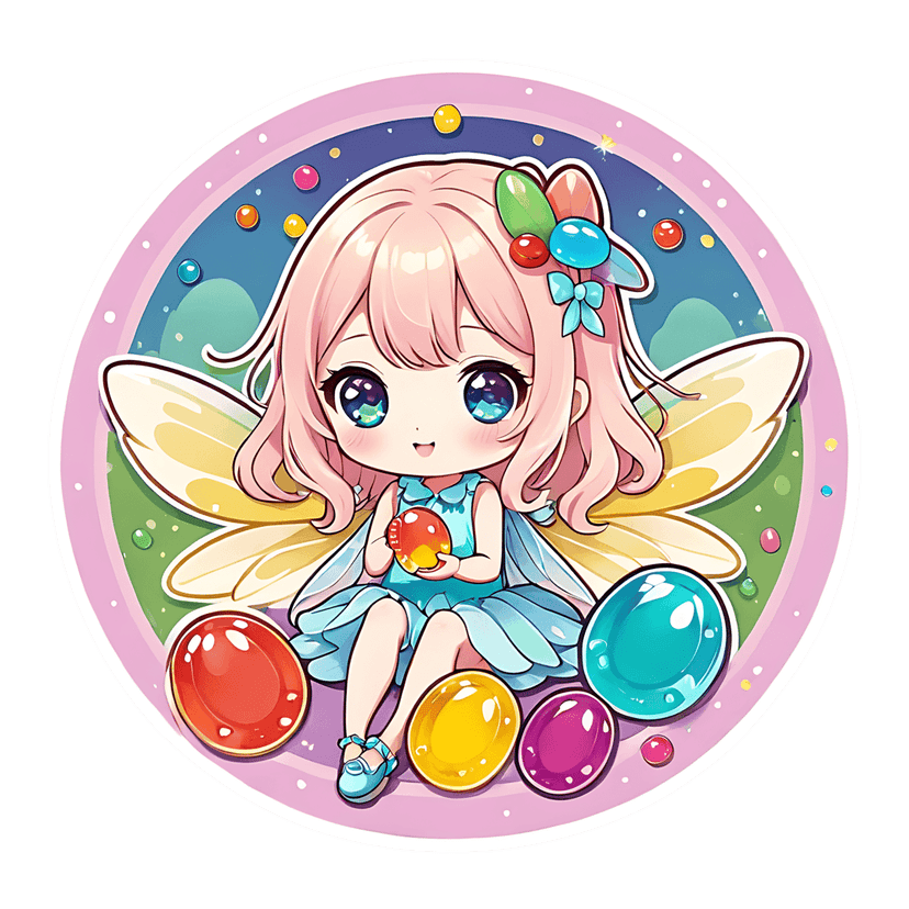 Chibi fairy character featuring pink hair and iridescent wings holds a glowing orb inside a pink circular border.