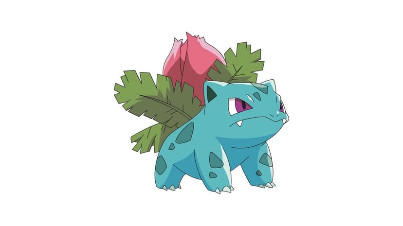 Ivysaur with a pink flower bud and green leaves on its back against a white background in an anime art style.
