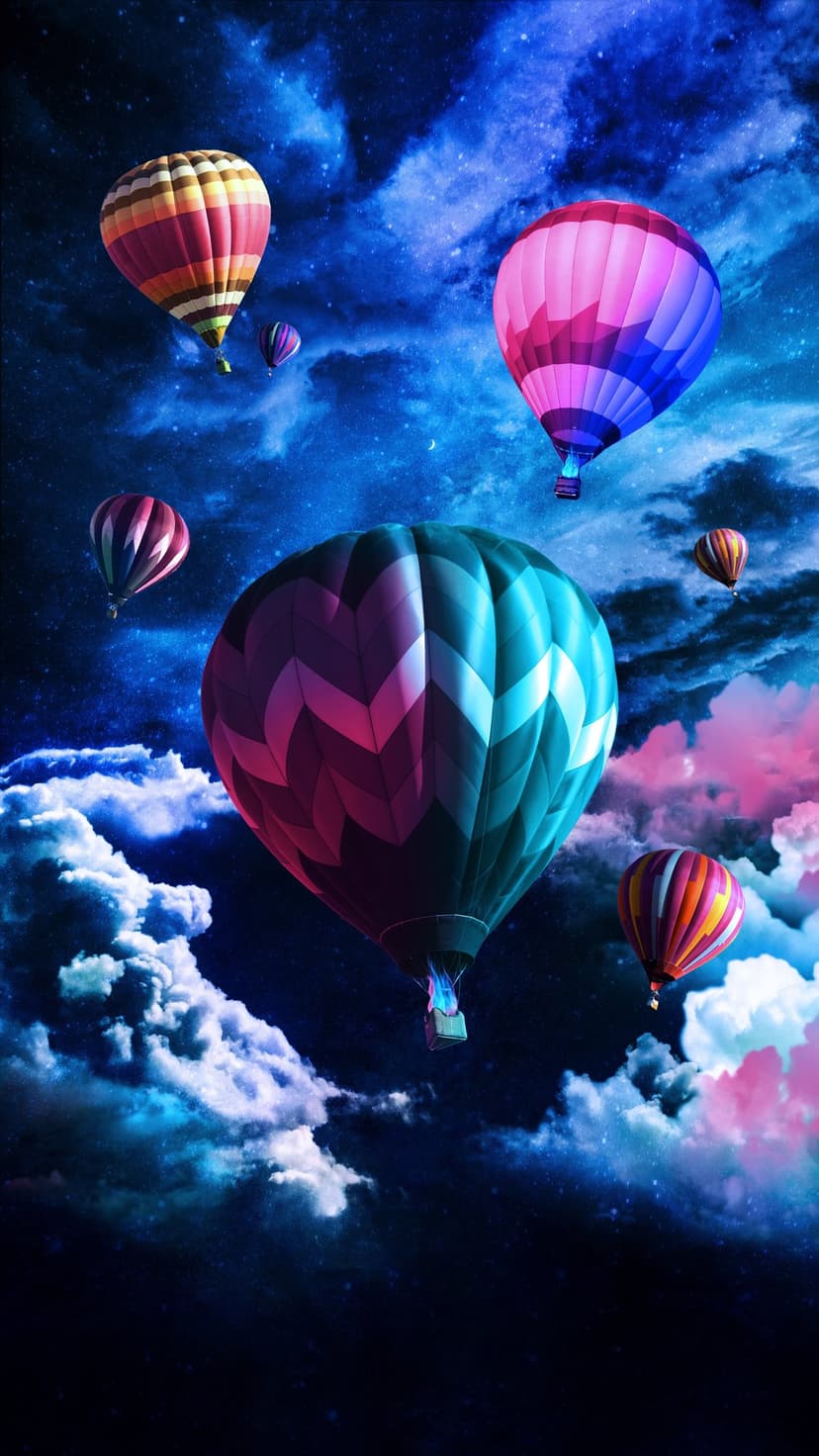 Hot air balloons drift through a dark night sky filled with swirling pink clouds and twinkling white stars.