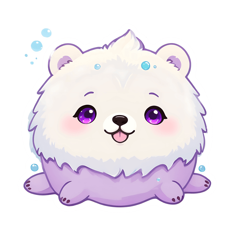 White bear sticker illustration featuring lavender paws, purple eyes, and blue bubbles on a plain background.