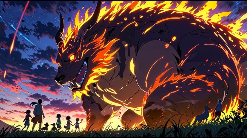 Giant flaming beast with glowing eyes looms over children and dogs under a celestial meteor shower at night.