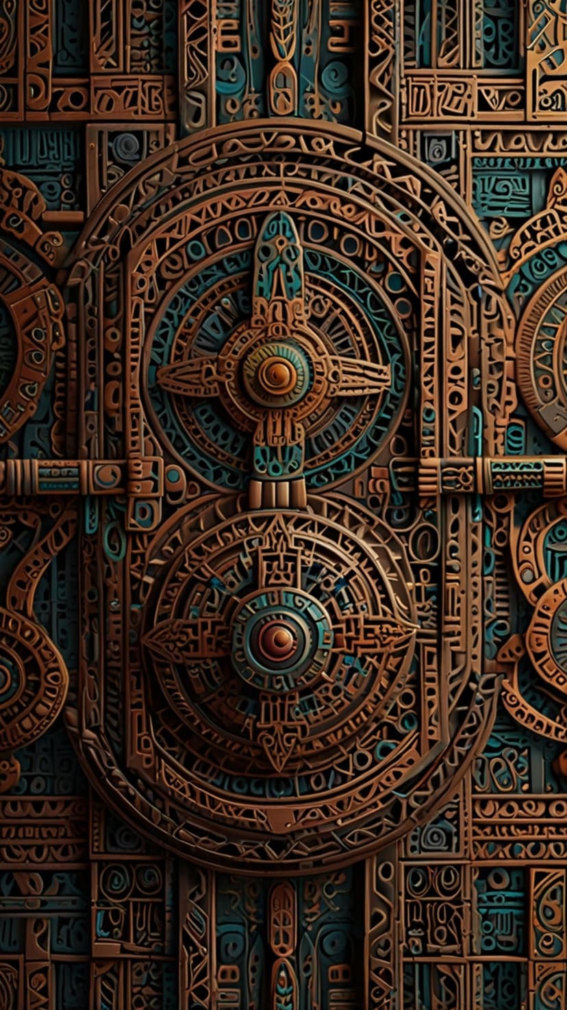 Ornate steampunk door featuring bronze interlocking gears and ancient glowing teal symbols on weathered metal.