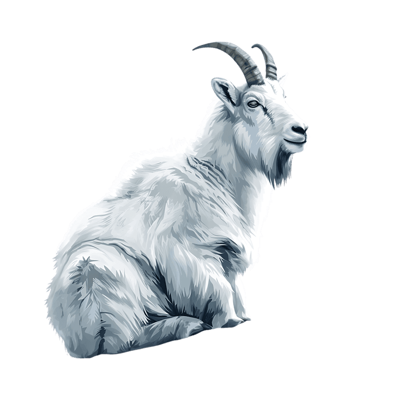 White mountain goat sits calmly showing off thick textured fur and black horns against a dark background.