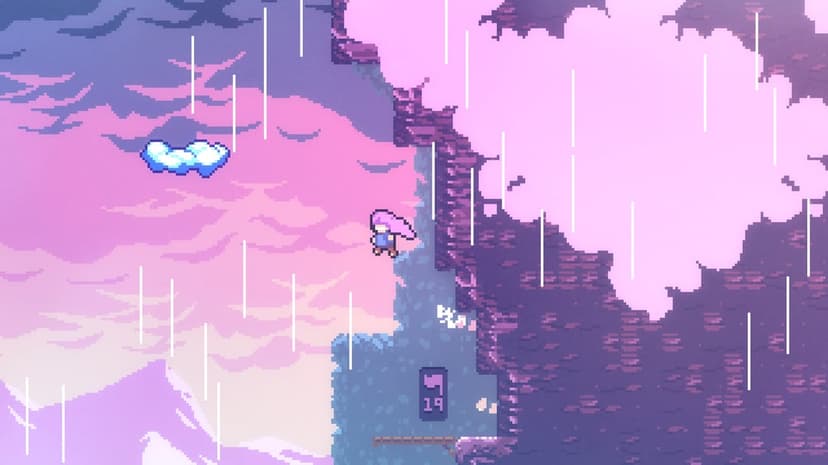 Pixel art girl with pink hair climbing a steep purple mountain cliff under a rainy pink and lavender cloudy sky.