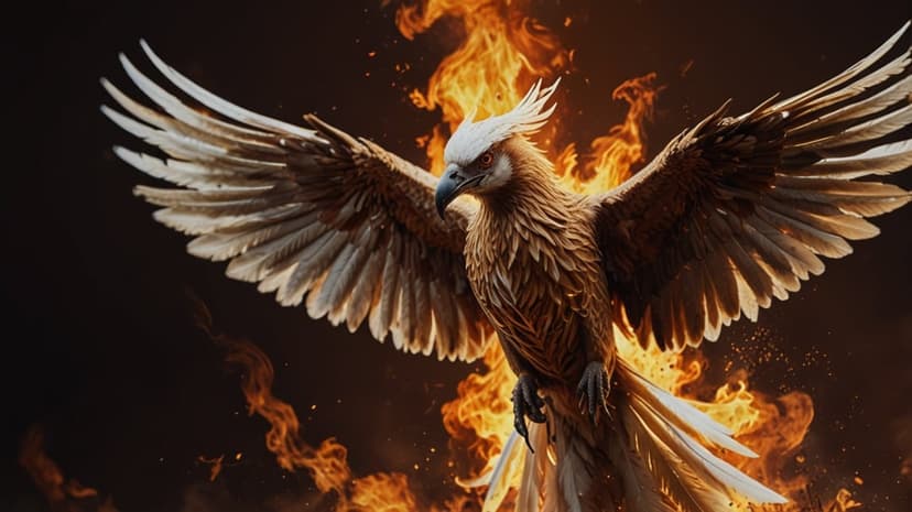 Phoenix with golden feathers and glowing eyes spreads its wings while rising from a bed of intense orange flames.