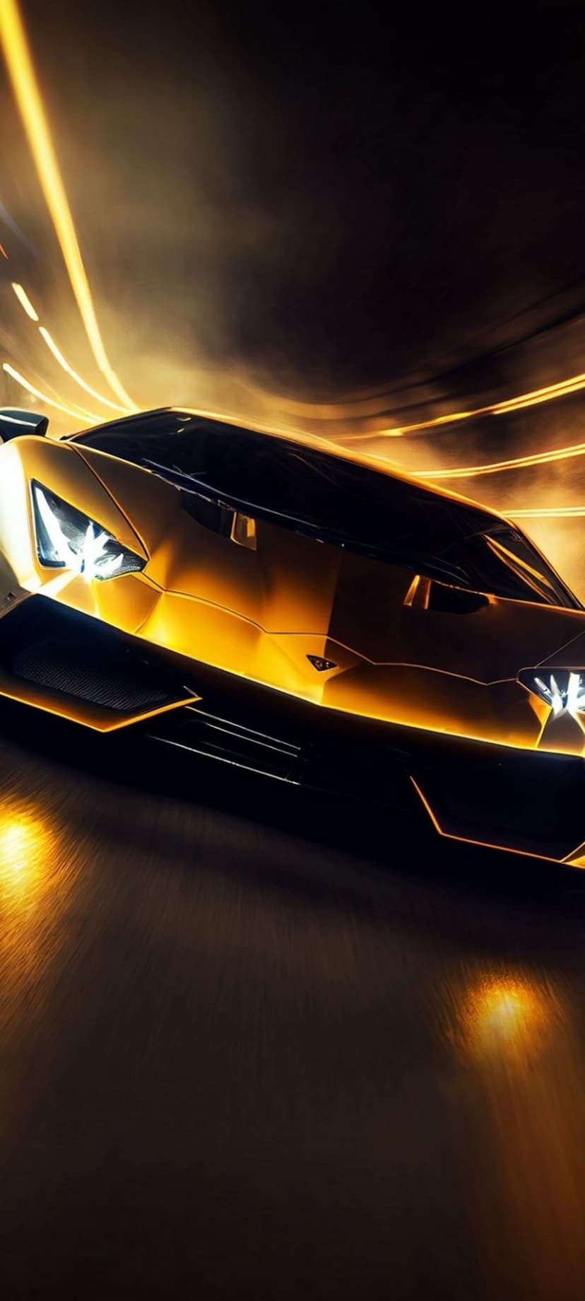 Golden supercar racing through a dark tunnel with vibrant neon light streaks reflecting on the metallic body.