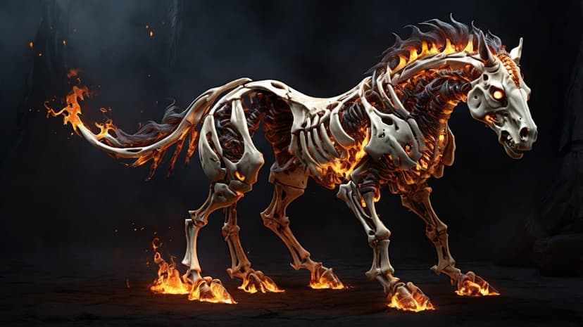 Skeletal horse with glowing orange eyes and a mane of flickering fire stands amidst dark shadows and embers.