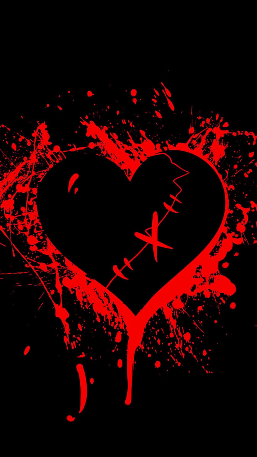 Cracked black heart joined by red thread stitches surrounded by vibrant crimson splatters and ink drips.