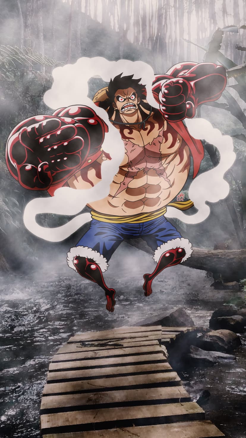 Monkey D Luffy in Gear Fourth Bounce Man form stands on a wooden bridge inside a misty, green jungle landscape.