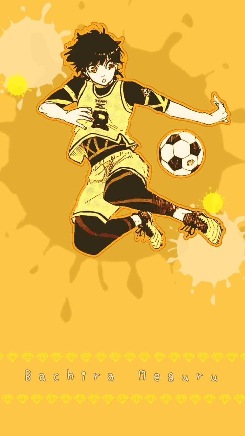 Bachira Meguru jumping with a soccer ball amidst yellow paint splashes and geometric diamond shapes on a dark base.
