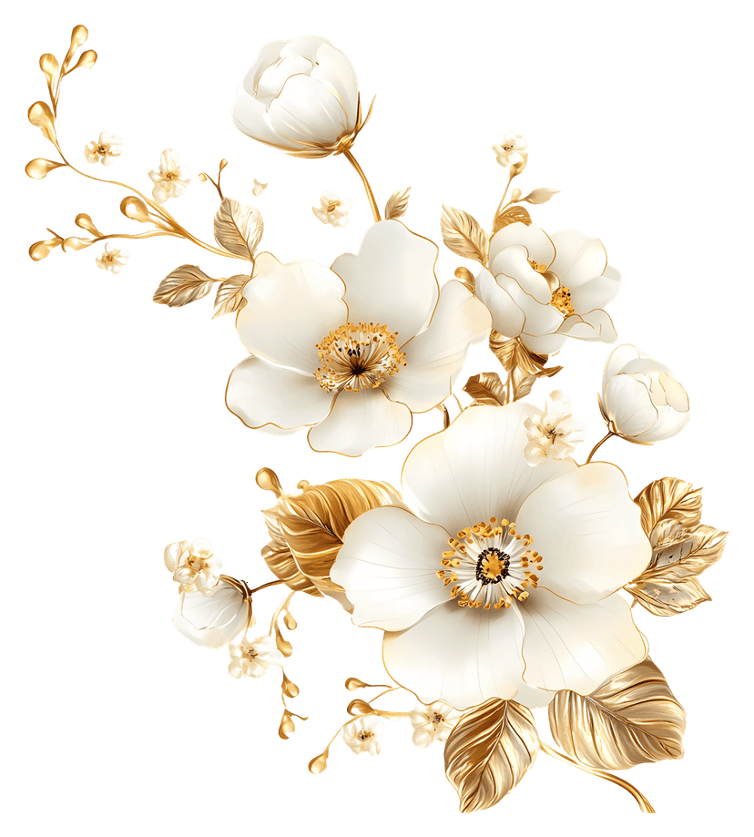 Golden floral illustration featuring metallic petals and intricate botanical vines against a transparent background.