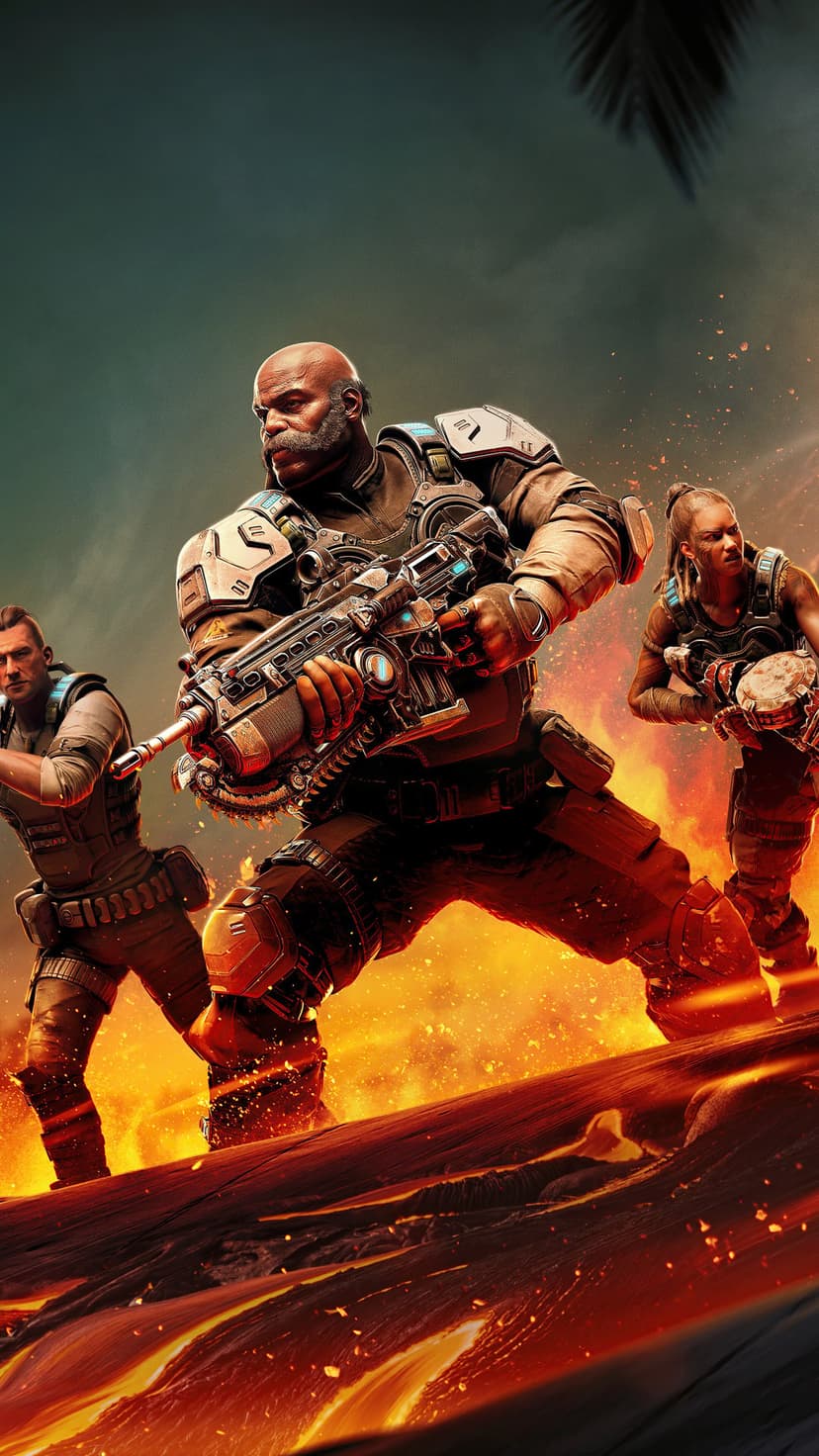 Three armored soldiers with rifles stand amidst a fiery volcanic explosion and glowing orange embers.