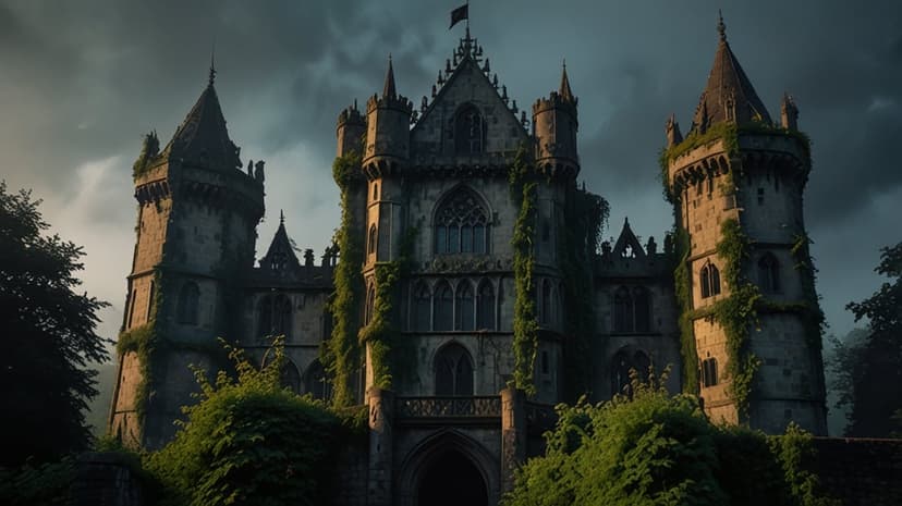 Crumbling stone gothic castle spires entwined with green vines and moss under a dramatic, overcast sky.