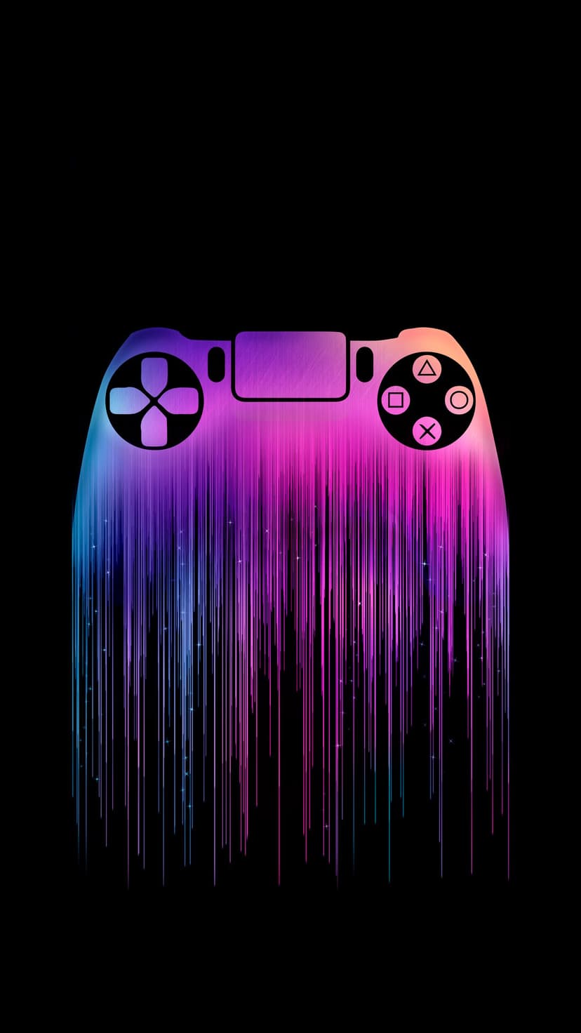 Game controller silhouette with purple and blue gradients dripping colorful light trails on a black background.