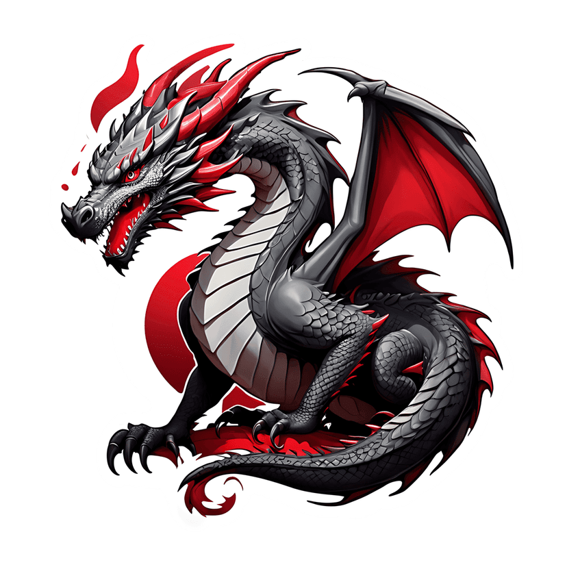 Black red dragon sticker with detailed scales, sharp horns, and glossy white outline in a profile view pose.