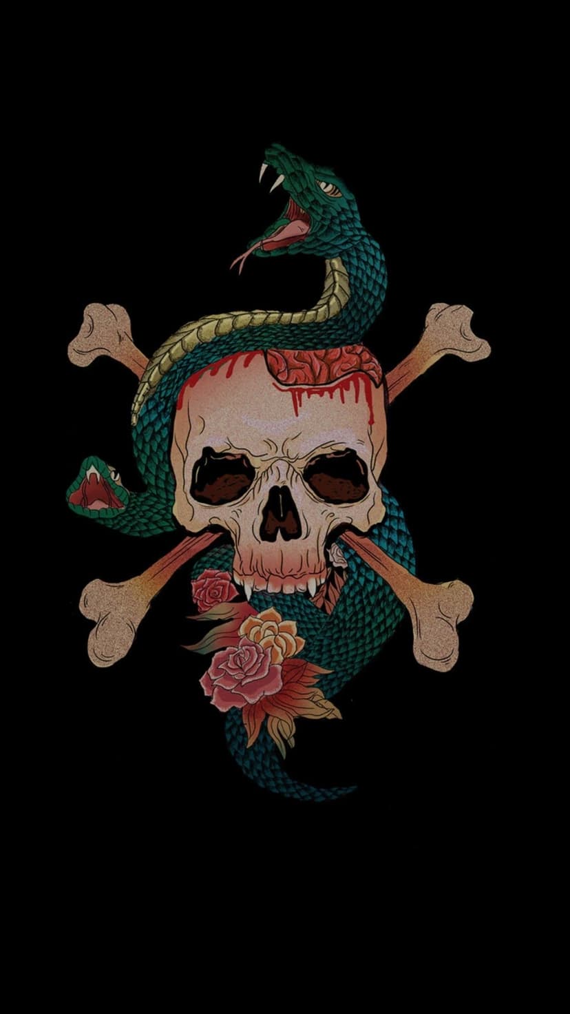 Weathered human skull with an emerald snake coiled through eye sockets surrounded by blooming red roses and blood.