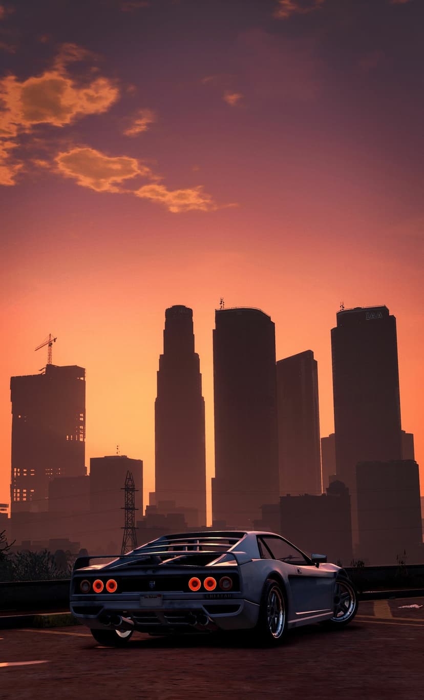 White sports car parked on a road overlooking a city skyline under a glowing orange and purple sunset sky.