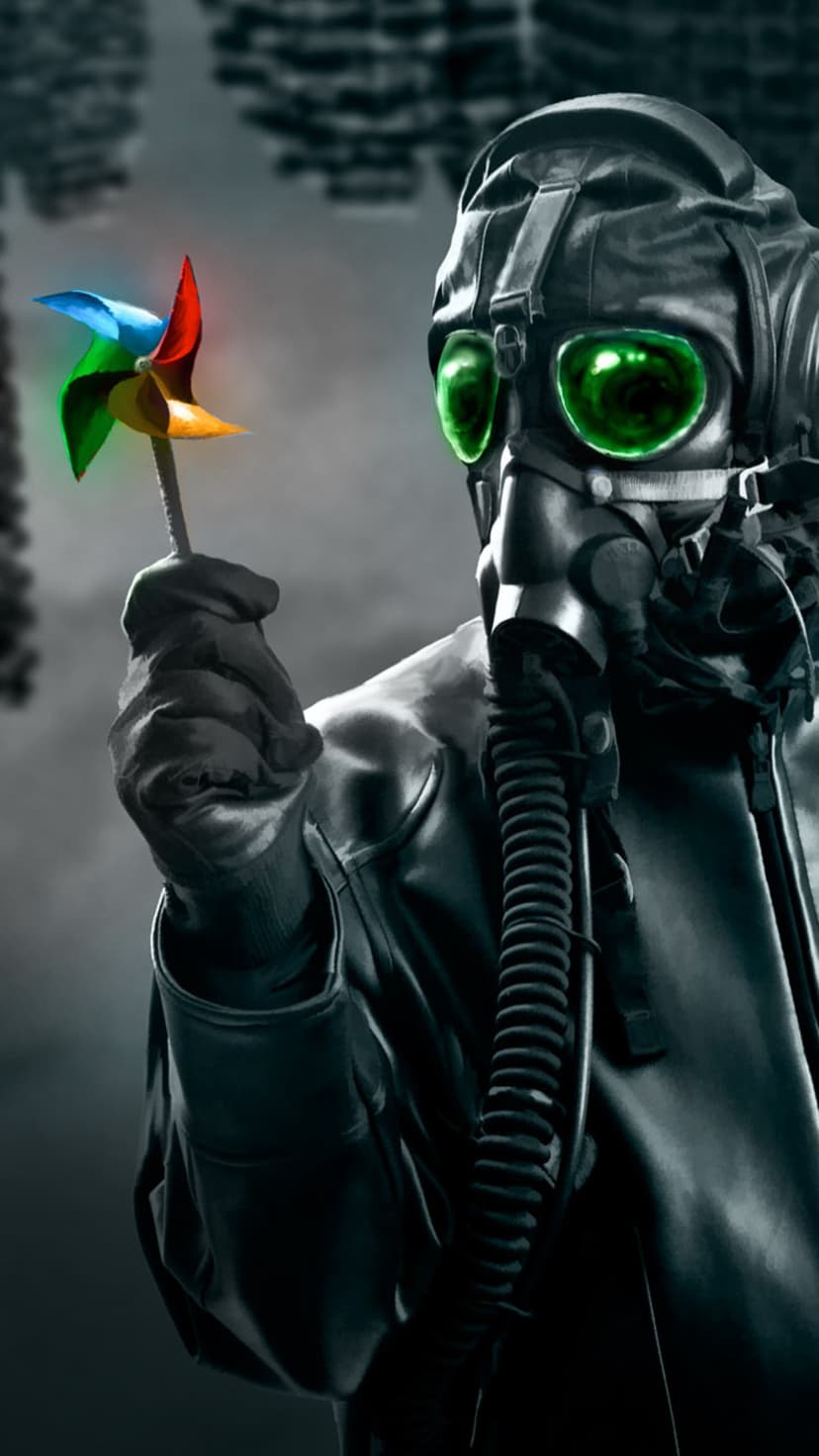 Figure in a gas mask with glowing green eyes holds a colorful pinwheel amidst a desaturated urban wasteland.