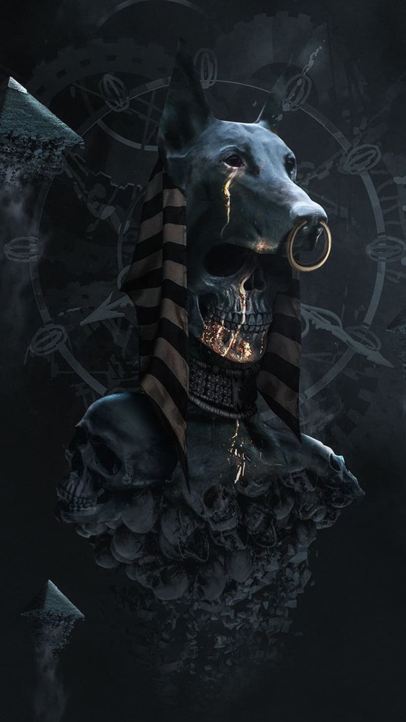 Skeletal jackal head with a gold tear rises from a skull pile against a backdrop of ancient clockwork gears.